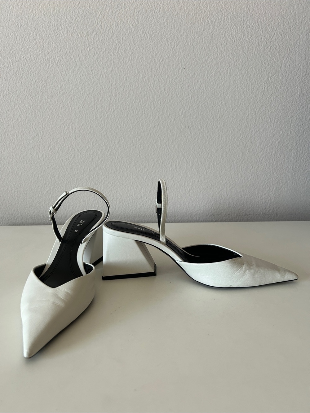 Zara White Pointed Slingback Block Heels